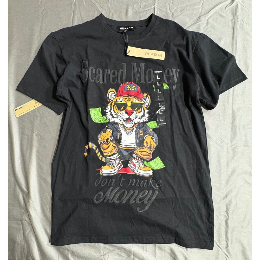 Reason Scared Money Dont Make Money Tiger Graphic T-Shirt Mens‎ Large Black Nwt